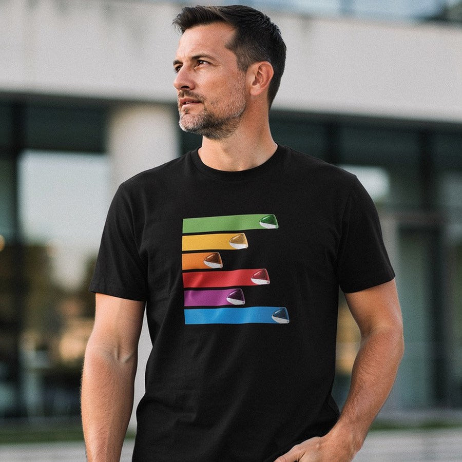 Man in a black Apple-inspired t-shirt