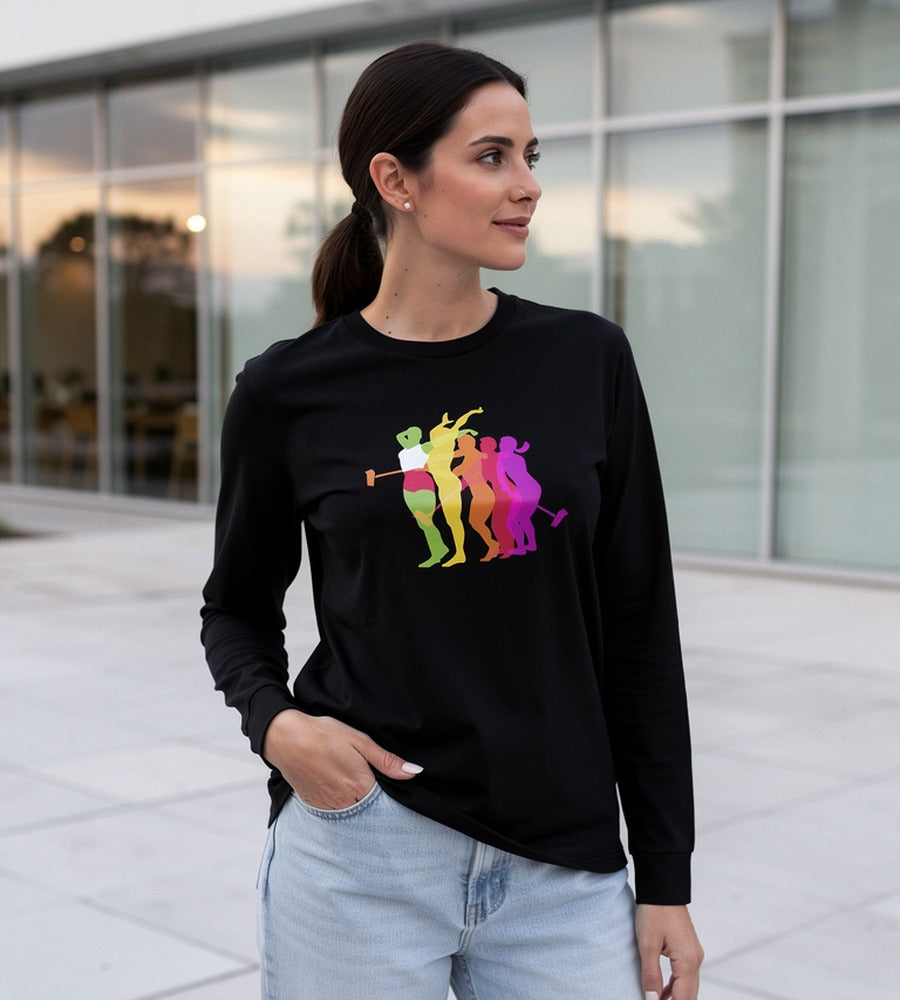 Woman wearing the 1984 Commercial: Breaking Barriers black long-sleeve T-shirt outside a modern building