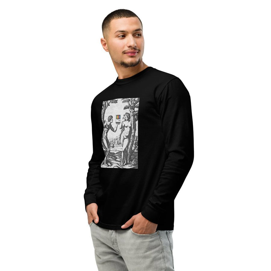 Model wearing the Adam and Eve long sleeve