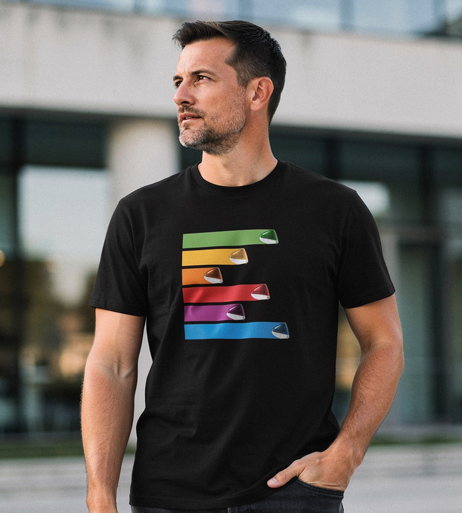 Man wearing the Six Colors Streaking black T-shirt outside a modern building