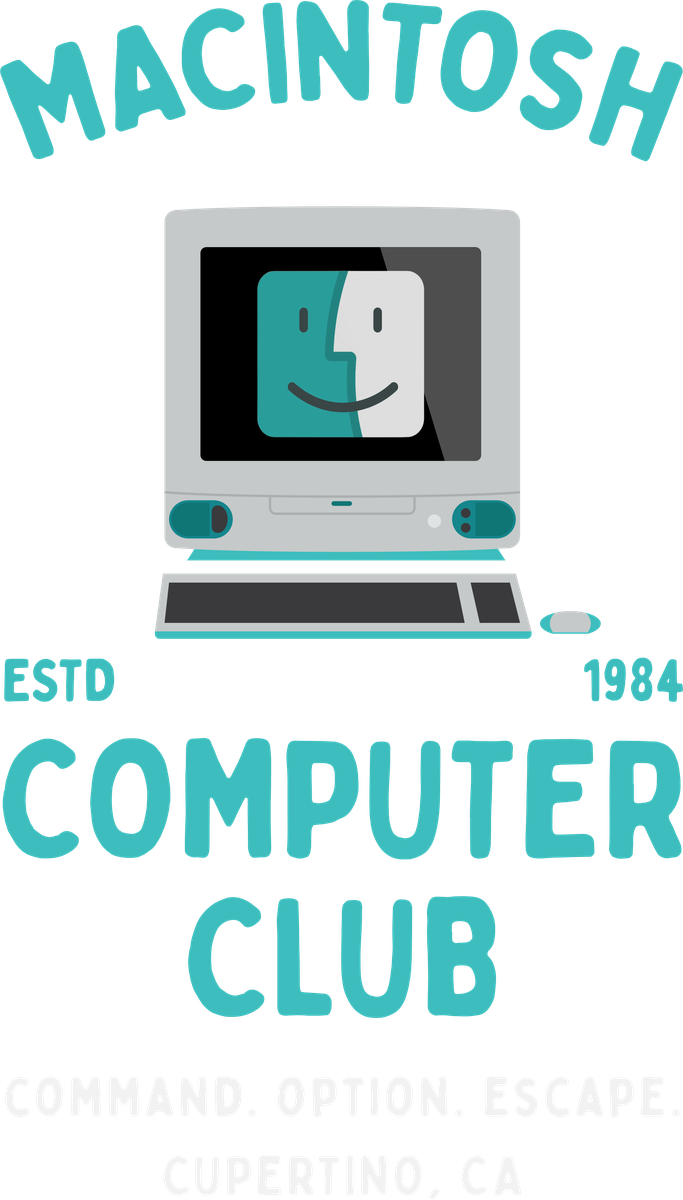 Macintosh Computer Club artwork: a collegiate MACINTOSH crest with an iMac G3 showing a smiling Finder face, ESTD 1984, COMPUTER CLUB