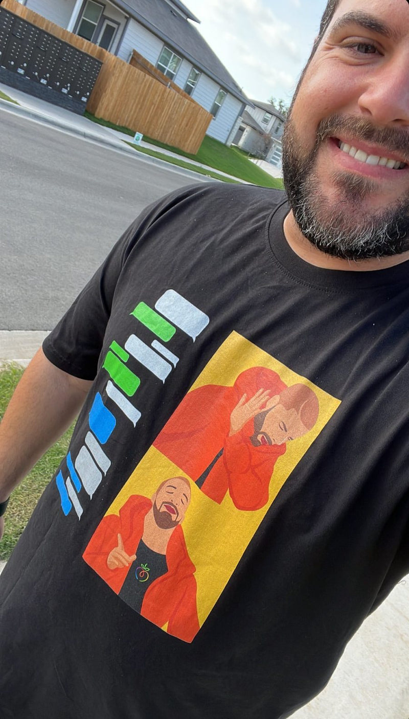 Man taking a selfie in the Blue Bubbles Forever tee