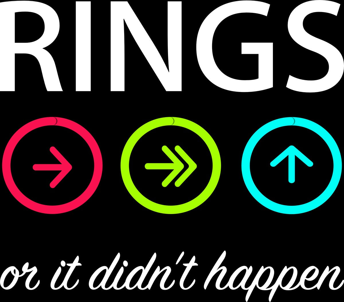 Rings or It Didn't Happen artwork: RINGS above three Apple Watch activity rings, with or it didn't happen in script