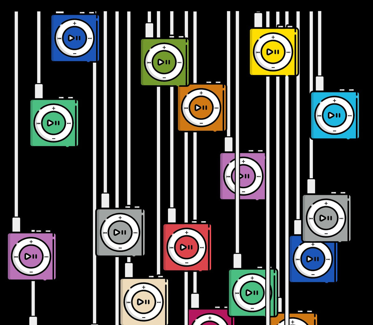 iPod Shuffle Symphony artwork: rows of colored iPod Shuffles hanging from white cables on black